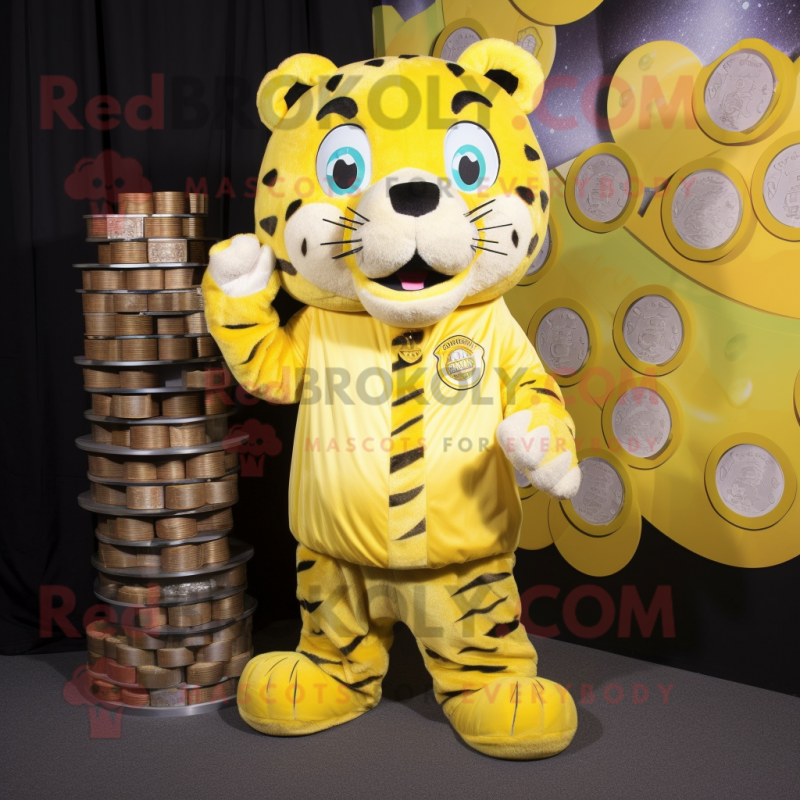 Lemon Yellow Saber-Toothed Tiger mascot costume character dressed with a Jumpsuit and Coin purses