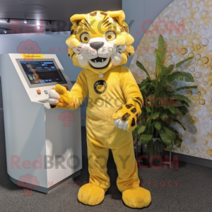 Lemon Yellow Saber-Toothed Tiger mascot costume character dressed with a Jumpsuit and Coin purses