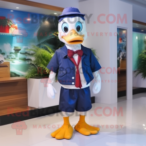 Navy Gosling mascot costume character dressed with a Bermuda Shorts and Bow ties