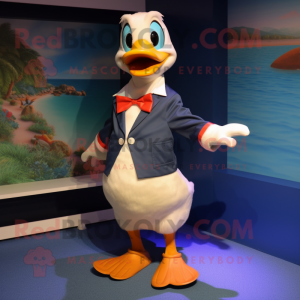 Navy Gosling mascot costume character dressed with a Bermuda Shorts and Bow ties