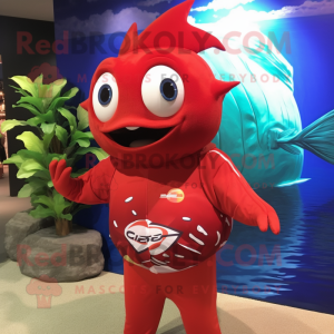 Red Tuna mascot costume character dressed with a Rash Guard and Earrings