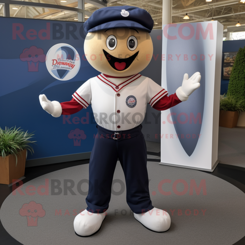 Navy Juggle mascot costume character dressed with a Henley Tee and Hat pins