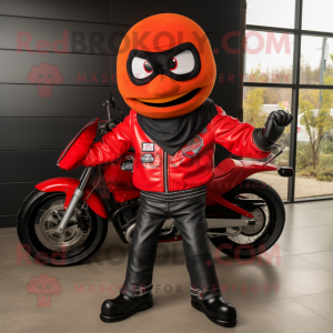 Red Tacos mascot costume character dressed with a Biker Jacket and Wraps