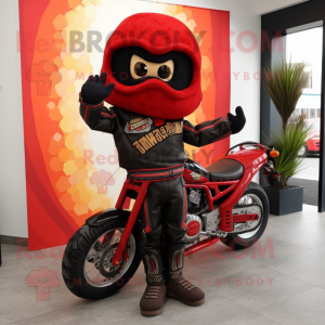 Red Tacos mascot costume character dressed with a Biker Jacket and Wraps