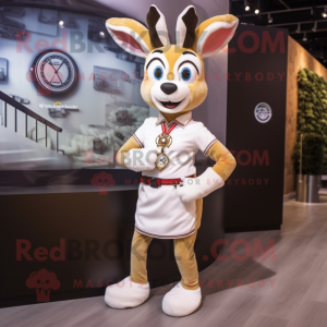 Cream Deer mascot costume character dressed with a Mini Skirt and Bracelet watches