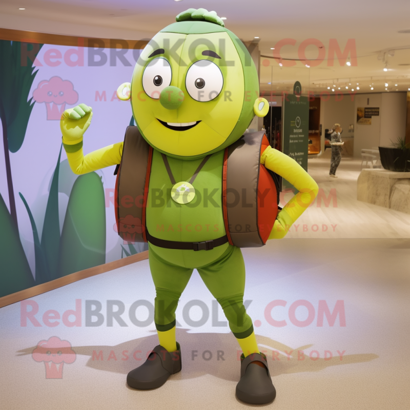 Olive Acrobat mascot costume character dressed with a Vest and Backpacks