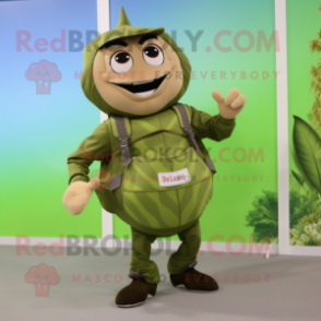 Olive Acrobat mascot costume character dressed with a Vest and Backpacks
