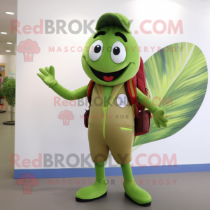 Olive Acrobat mascot costume character dressed with a Vest and Backpacks