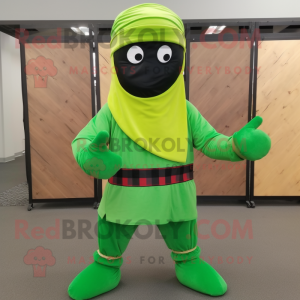 Lime Green Ninja mascot costume character dressed with a Flannel Shirt and Shawl pins