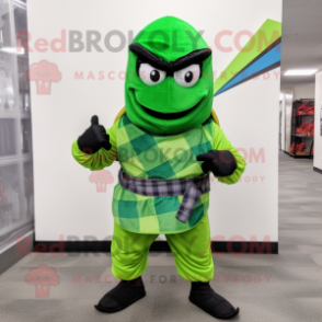 Lime Green Ninja mascot costume character dressed with a Flannel Shirt and Shawl pins