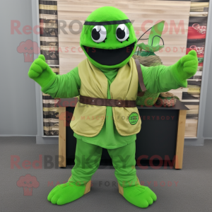 Lime Green Ninja mascot costume character dressed with a Flannel Shirt and Shawl pins