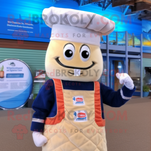 Cream Shrimp Scampi mascot costume character dressed with a Waistcoat and Beanies