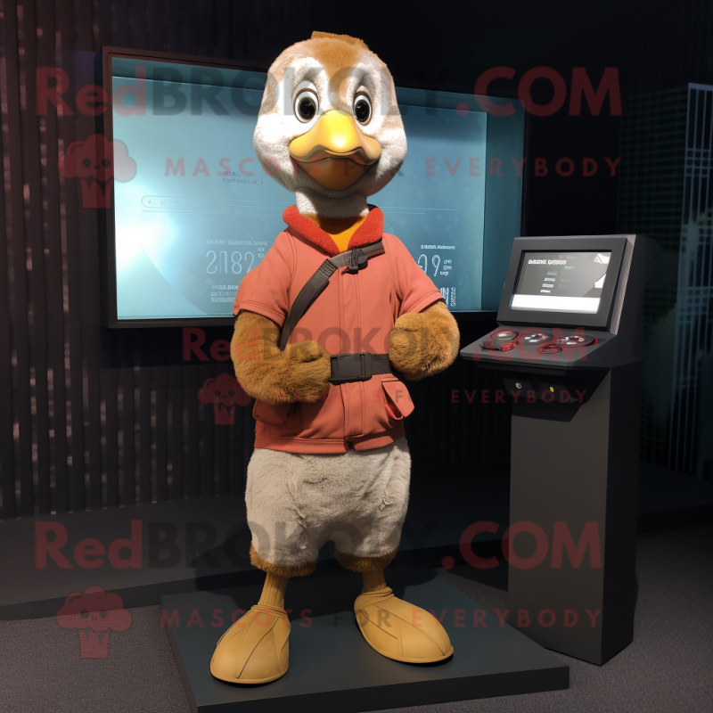 Rust Gosling mascot costume character dressed with a Corduroy Pants and Digital watches