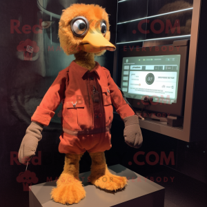 Rust Gosling mascot costume character dressed with a Corduroy Pants and Digital watches