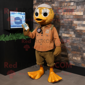 Rust Gosling mascot costume character dressed with a Corduroy Pants and Digital watches