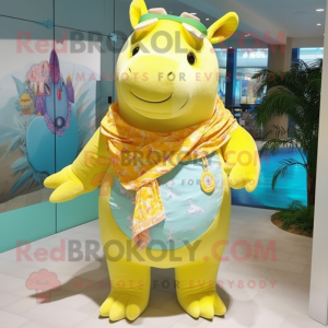 Lemon Yellow Rhinoceros mascot costume character dressed with a Swimwear and Scarf clips