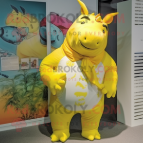 Lemon Yellow Rhinoceros mascot costume character dressed with a Swimwear and Scarf clips