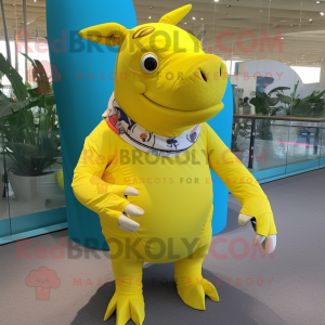 Lemon Yellow Rhinoceros mascot costume character dressed with a Swimwear and Scarf clips