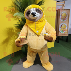 Lemon Yellow Sloth mascot costume character dressed with a Corduroy Pants and Cummerbunds