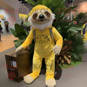 Lemon Yellow Sloth mascot costume character dressed with a Corduroy Pants and Cummerbunds
