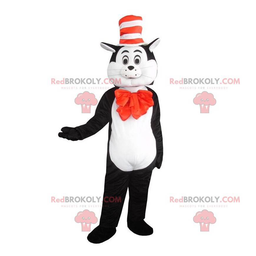 Mascote gato preto e branco com chapéu, fantasia de gato -