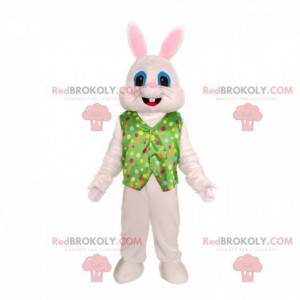 Mascota de conejo blanco con chaleco, disfraz de conejo festivo