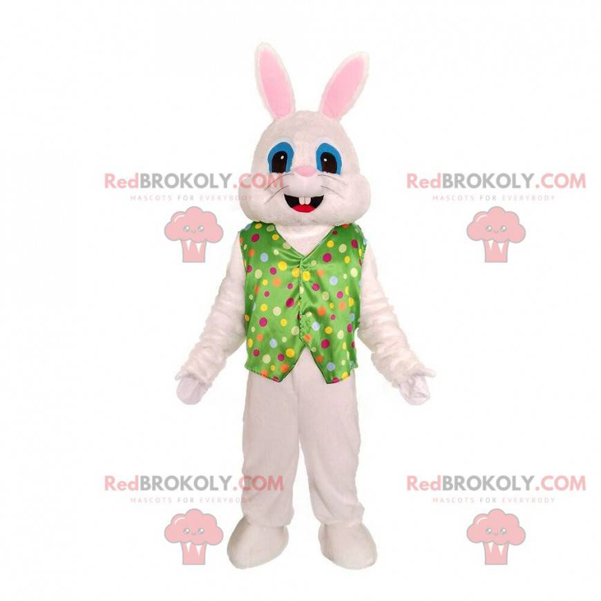 Mascotte de lapin blanc avec un gilet, costume de lapin festif