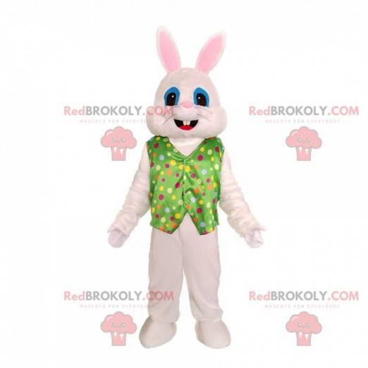 White rabbit mascot with a vest, festive rabbit costume -