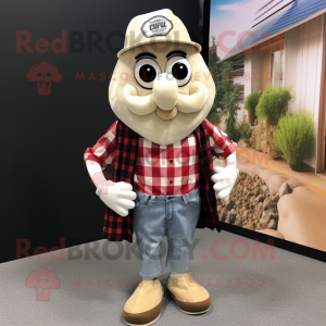 Cream Oyster mascot costume character dressed with a Flannel Shirt and Lapel pins