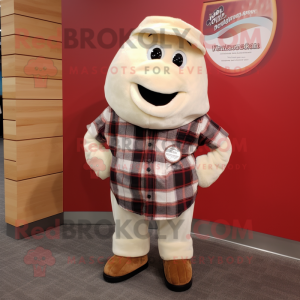 Cream Oyster mascot costume character dressed with a Flannel Shirt and Lapel pins