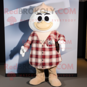 Cream Oyster mascot costume character dressed with a Flannel Shirt and Lapel pins