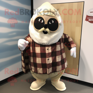 Cream Oyster mascot costume character dressed with a Flannel Shirt and Lapel pins