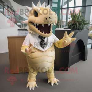 Cream Stegosaurus mascot costume character dressed with a Suit Pants and Anklets