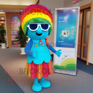 Turquoise Rainbow mascot costume character dressed with a Skirt and Sunglasses