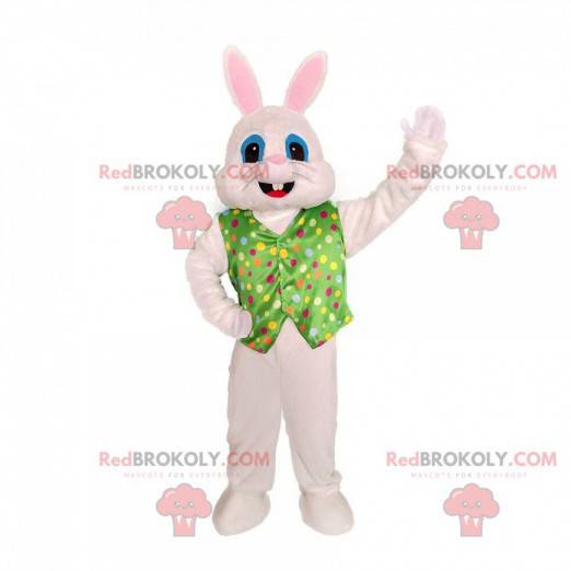 Mascotte de lapin blanc avec un gilet, costume de lapin festif