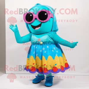 Turquoise Rainbow mascot costume character dressed with a Skirt and Sunglasses