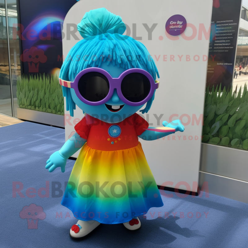 Turquoise Rainbow mascot costume character dressed with a Skirt and Sunglasses Turquoise Rainbow mascot costume character dressed with a Skirt and Sunglasses
