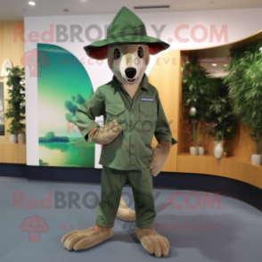 Forest Green Kangaroo mascot costume character dressed with a Long Sleeve Tee and Hat pins