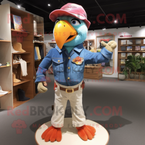 Peach Parrot mascot costume character dressed with a Jeans and Hat pins