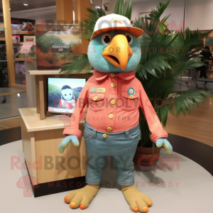 Peach Parrot mascot costume character dressed with a Jeans and Hat pins