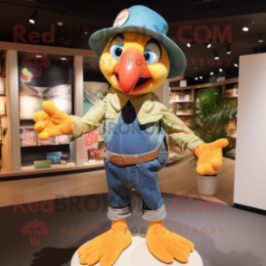 Peach Parrot mascot costume character dressed with a Jeans and Hat pins