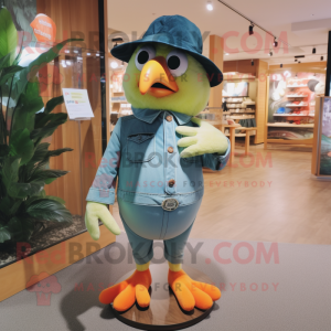 Peach Parrot mascot costume character dressed with a Jeans and Hat pins