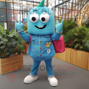 Turquoise Pho mascot costume character dressed with a Denim Shirt and Clutch bags