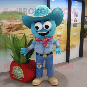 Turquoise Pho mascot costume character dressed with a Denim Shirt and Clutch bags