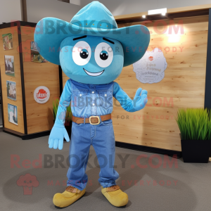 Turquoise Pho mascot costume character dressed with a Denim Shirt and Clutch bags