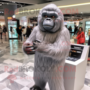 Gray Orangutan mascot costume character dressed with a Coat and Bracelet watches