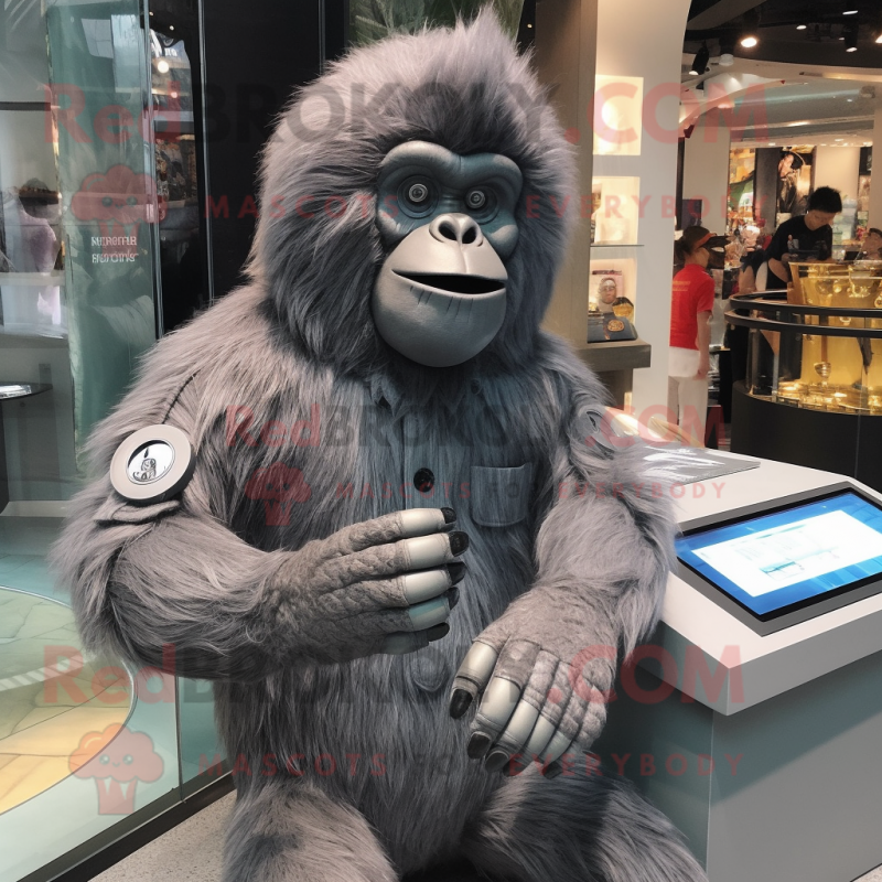 Gray Orangutan mascot costume character dressed with a Coat and Bracelet watches Gray Orangutan mascot costume character dressed with a Coat and Bracelet watches