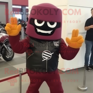 Maroon Squash mascot costume character dressed with a Biker Jacket and Mittens