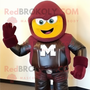 Maroon Squash mascot costume character dressed with a Biker Jacket and Mittens