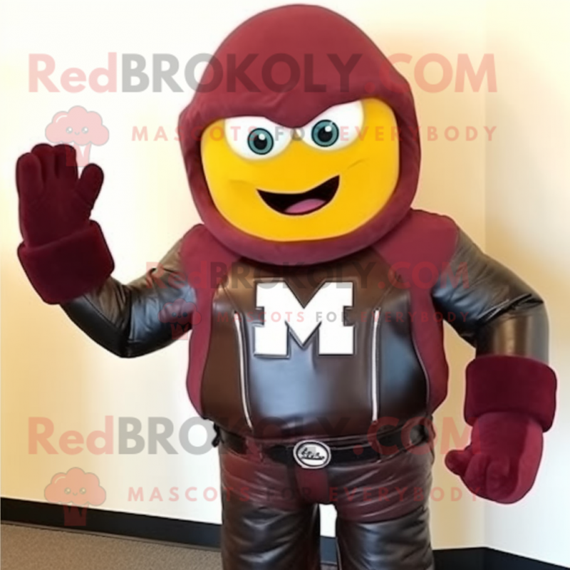 Maroon Squash mascot costume character dressed with a Biker Jacket and Mittens Maroon Squash mascot costume character dressed with a Biker Jacket and Mittens